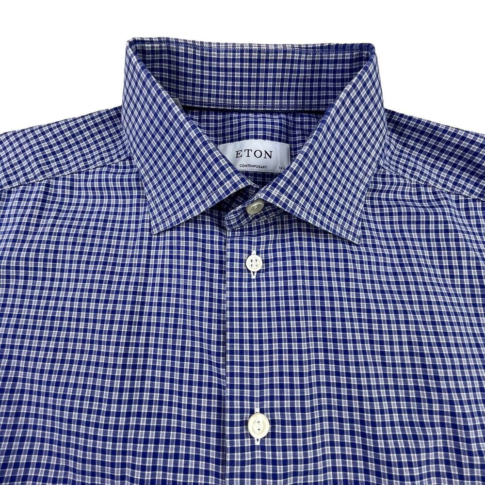 Eton Shirt Men L 42 16 1/2 Blue White Check Plaid Contemporary Fit Button Up